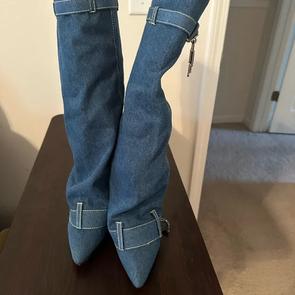 Blue Denim Knee-High Boots - Picture 1 of 3